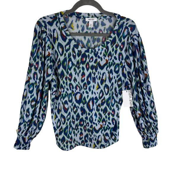 Nine West NWT Colorful Leopard Print Long Sleeve Round Neck Lightweight Blouse M - Picture 3 of 9